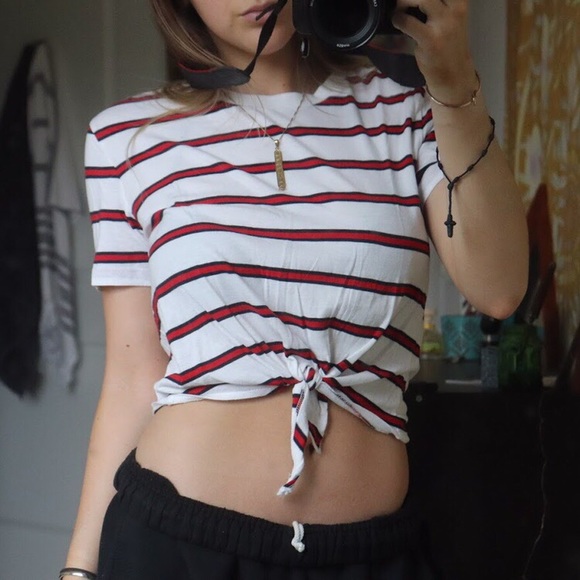 H&M Striped Tie-Front Crop Top Tee - Picture 3 of 3